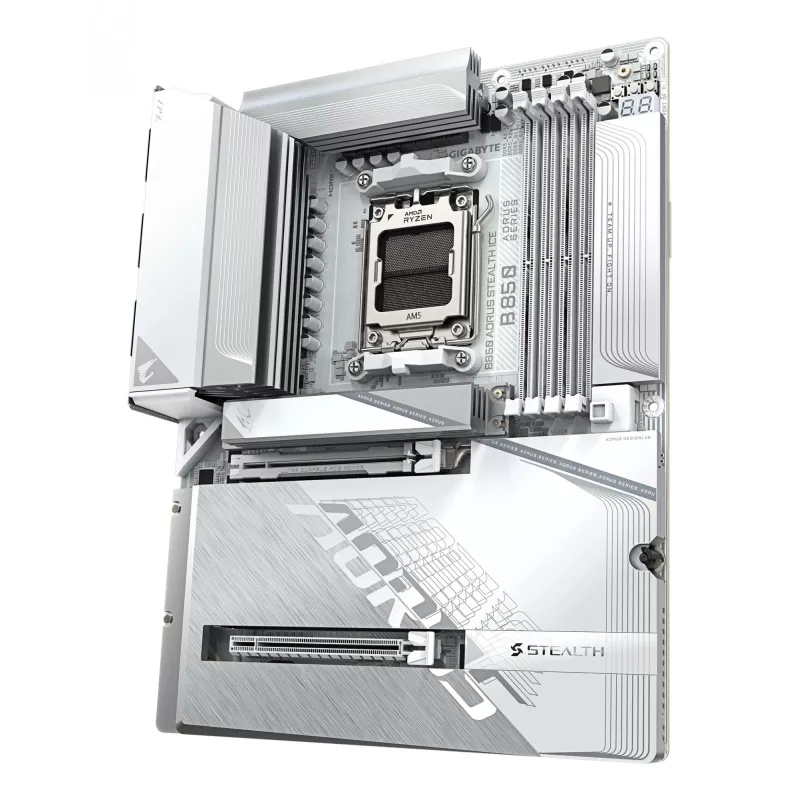 GIGABYTE B850 AORUS STEALTH ICE ATX pagrindinė plokštė AMD Socket AM5 — B850, 14+2+2 VRM, DDR5 iki 8200MHz (OC), 2×PCIe5, 2×PCIe4 M.2, Wi‑Fi 7, 5GbE