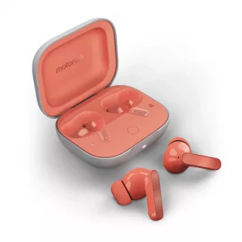 Belaidės ausinės Motorola Moto Buds – koralinė, Bluetooth 5.3, ANC, Dolby Atmos, 9 h grojimo (42 h su dėklu)