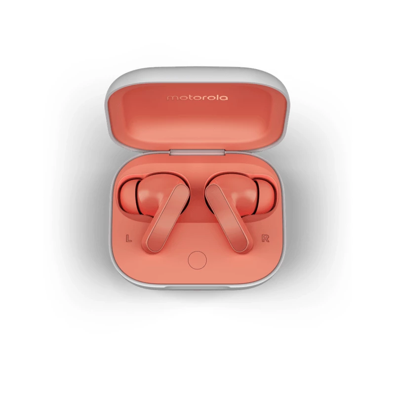 Belaidės ausinės Motorola Moto Buds – koralinė, Bluetooth 5.3, ANC, Dolby Atmos, 9 h grojimo (42 h su dėklu)