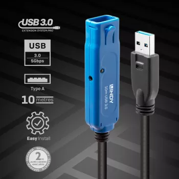 Lindy 8 m USB 3.0 Active Extension Pro ilginimo laidas, USB A → USB A, juodas