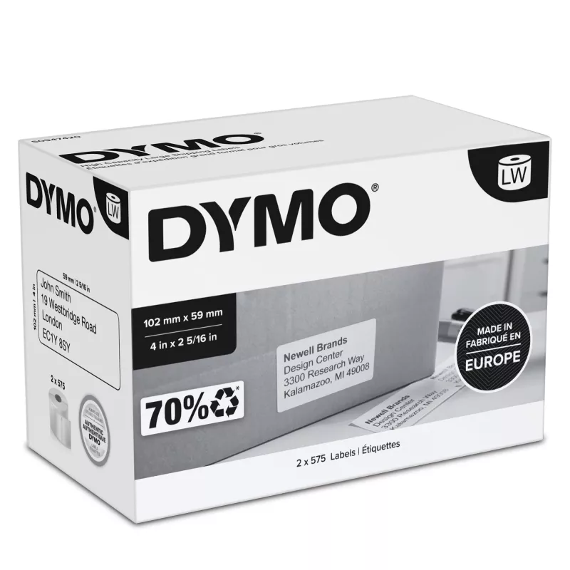DYMO Authentic LabelWriter didelės talpos siuntų etiketės | (59 mm x 102 mm) | 2 rulonai po 575 lengvai nuimamų etikečių (1 150 siuntimo etikečių) | Lipnios | Skirtos LabelWriter 4XL/5XL etikečių spausdintuvams