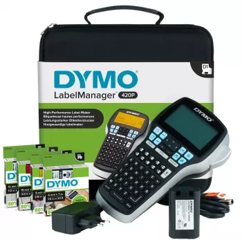 DYMO LabelManager 420P – Nešiojamas aukštos kokybės etikečių spausdintuvas su įkraunama baterija, ABC klaviatūra, 4 D1 etikečių ritinėliais ir nešiojimo dėklu