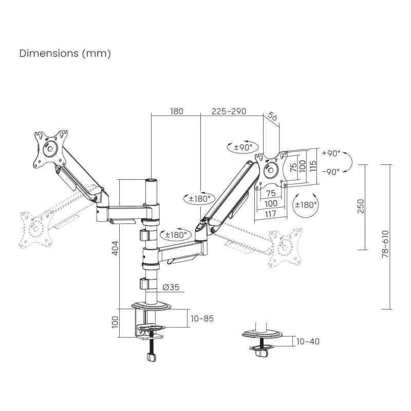 Gembird MA-DA2P-02 laikiklis dviem monitoriams ant stalo, iki 81,3 cm (32 col.), VESA 75x75–100x100, max 9 kg vienam, spaustuvas/įvorė, juodas