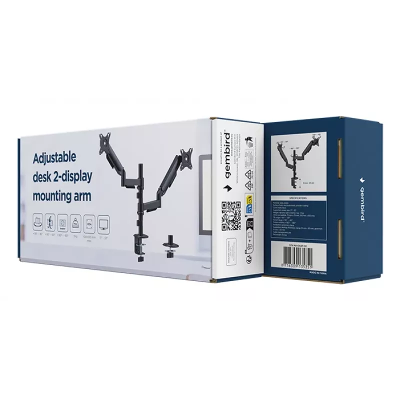 Gembird MA-DA2P-02 laikiklis dviem monitoriams ant stalo, iki 81,3 cm (32 col.), VESA 75x75–100x100, max 9 kg vienam, spaustuvas/įvorė, juodas