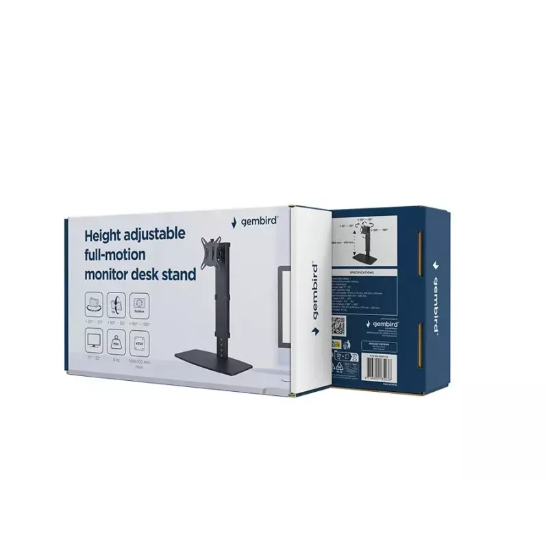Monitoro stovas GEMBIRD MS-D1ST-02 – reguliuojamas aukštis, 17–32 colių, 8 kg, VESA 75×75–100×100, juodas