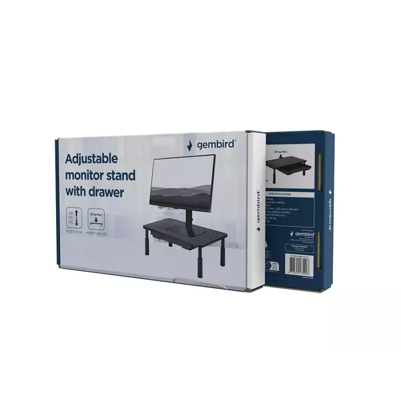 Monitoro stovas GEMBIRD MS-TABLE-D-01 – reguliuojamo aukščio pakyla su stalčiumi, plieninis, 140 mm aukštis, iki 20 kg
