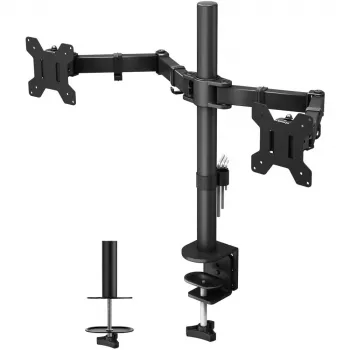 Monitorų laikiklis TECHLY ICA-LCD-382-D dviems ekranams, tvirtinimas spaustuku, iki 27 colių, 20 kg, VESA 75x75–100x100, juodas