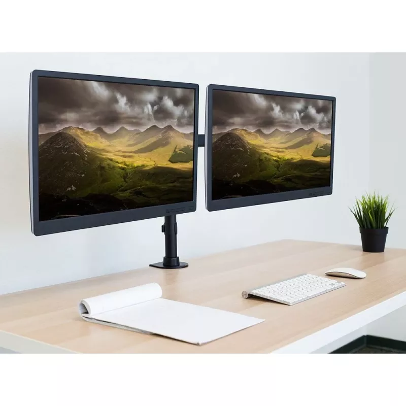 Monitorų laikiklis TECHLY ICA-LCD-382-D dviems ekranams, tvirtinimas spaustuku, iki 27 colių, 20 kg, VESA 75x75–100x100, juodas