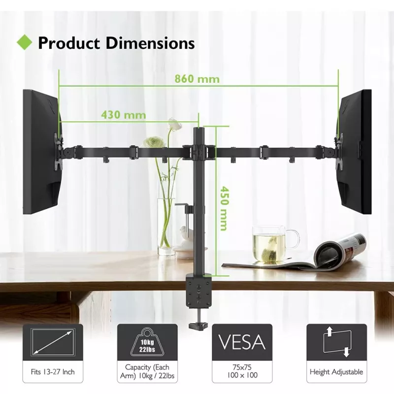 Monitorų laikiklis TECHLY ICA-LCD-382-D dviems ekranams, tvirtinimas spaustuku, iki 27 colių, 20 kg, VESA 75x75–100x100, juodas