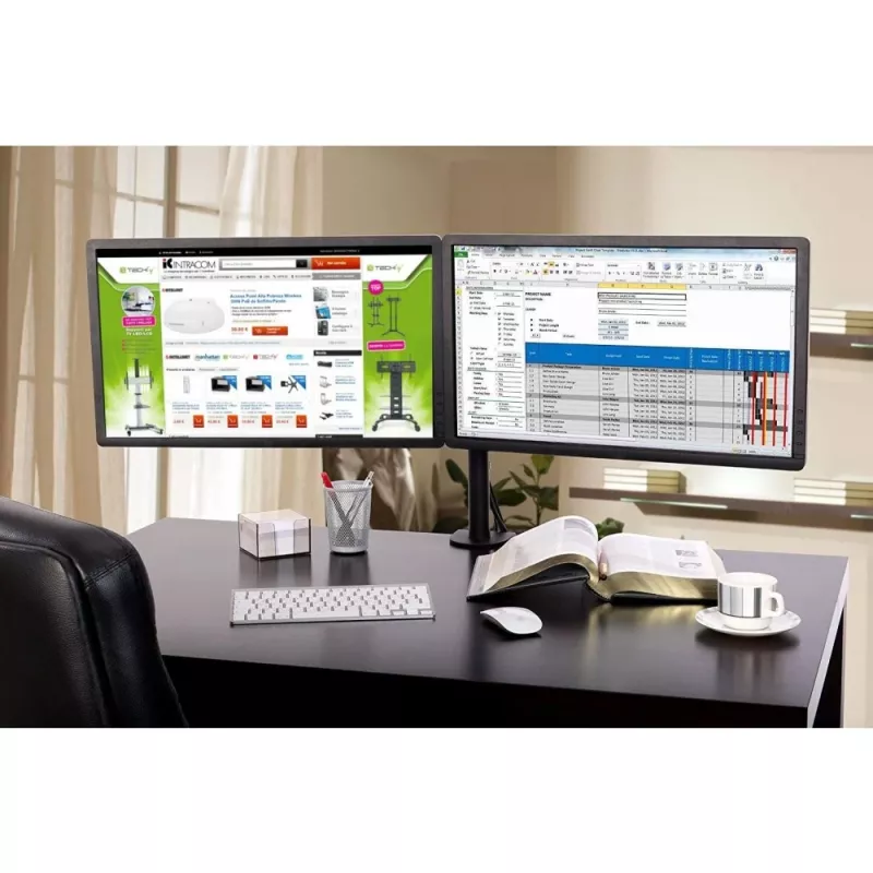 Monitorų laikiklis TECHLY ICA-LCD-382-D dviems ekranams, tvirtinimas spaustuku, iki 27 colių, 20 kg, VESA 75x75–100x100, juodas
