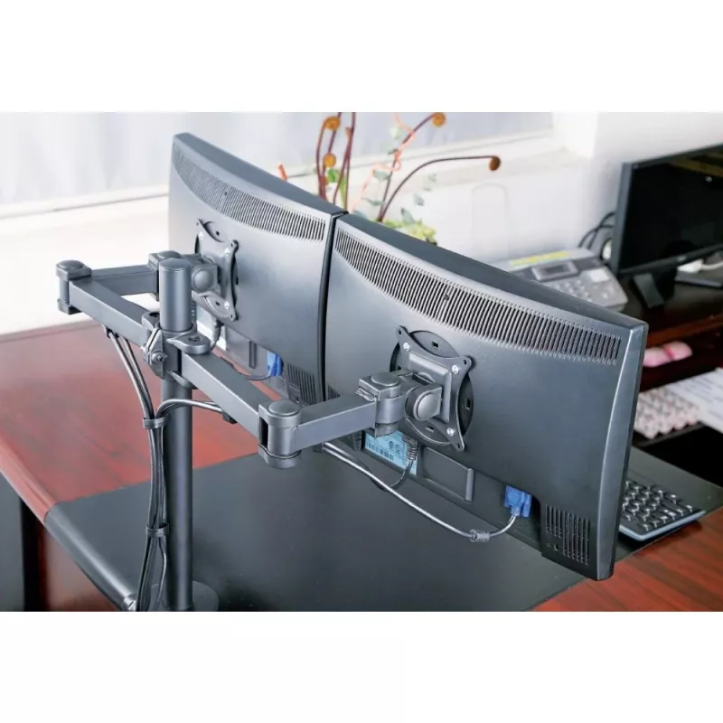 Monitorų laikiklis TECHLY ICA-LCD-382-D dviems ekranams, tvirtinimas spaustuku, iki 27 colių, 20 kg, VESA 75x75–100x100, juodas
