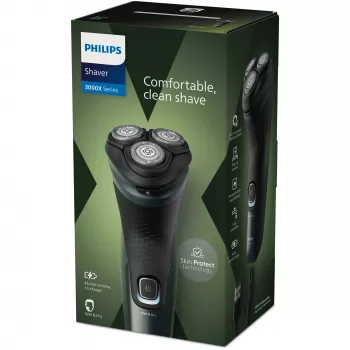 Elektrinis skustuvas Philips 3000X Series X3052/00 – rotacinis, 3 galvutės, šlapiam ir sausam skutimuisi, NiMH baterija, 45 min veikimo, trimeris, juodas/žalias