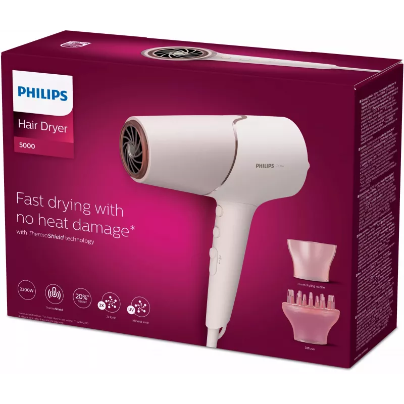 Plaukų džiovintuvas Philips BHD530/00 2300 W, 6 greičiai/6 šilumos nustatymai, jonizuojantis, šalto oro funkcija, difuzorius ir koncentratorius, rožinis