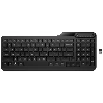 Belaidė klaviatūra HP 475 Dual-Mode – pilno dydžio QWERTY, RF + Bluetooth 5.3, skaitmeninis blokas, juoda, 376×153×19 mm