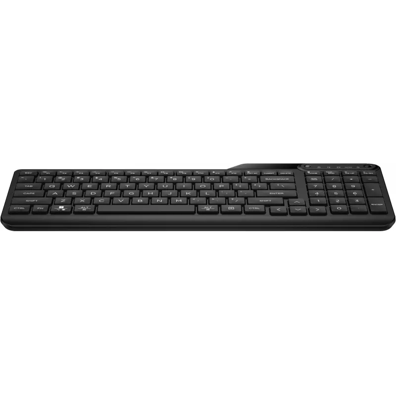 Belaidė klaviatūra HP 475 Dual-Mode – pilno dydžio QWERTY, RF + Bluetooth 5.3, skaitmeninis blokas, juoda, 376×153×19 mm