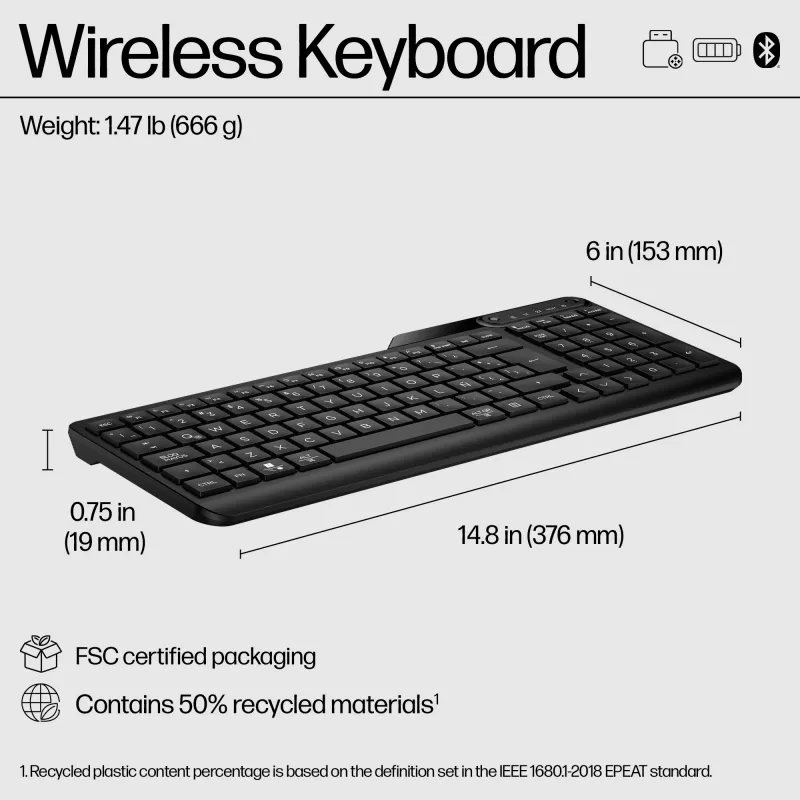 Belaidė klaviatūra HP 475 Dual-Mode – pilno dydžio QWERTY, RF + Bluetooth 5.3, skaitmeninis blokas, juoda, 376×153×19 mm
