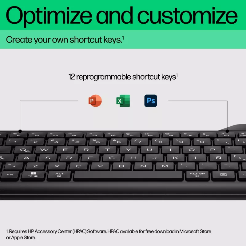 Belaidė klaviatūra HP 475 Dual-Mode – pilno dydžio QWERTY, RF + Bluetooth 5.3, skaitmeninis blokas, juoda, 376×153×19 mm