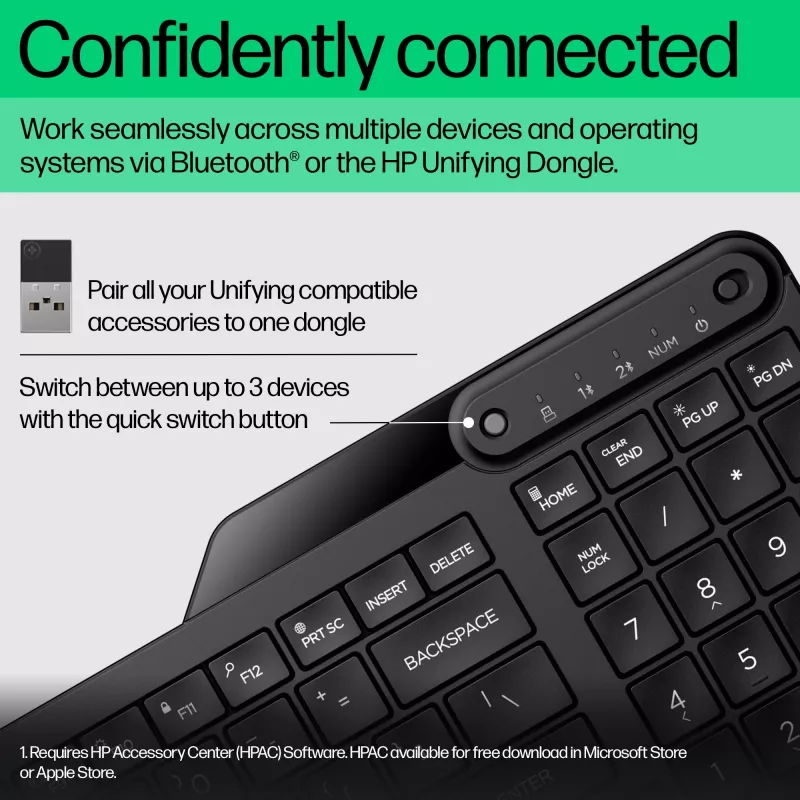 Belaidė klaviatūra HP 475 Dual-Mode – pilno dydžio QWERTY, RF + Bluetooth 5.3, skaitmeninis blokas, juoda, 376×153×19 mm