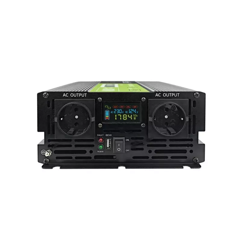 Automobilinis keitiklis Green Cell INVGC12P2000LCD 2000W 12V į 230V grynas sinusas, LCD, 1×USB, 2×kištukiniai lizdai