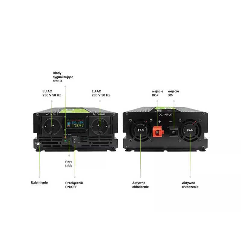 Automobilinis keitiklis Green Cell INVGC12P2000LCD 2000W 12V į 230V grynas sinusas, LCD, 1×USB, 2×kištukiniai lizdai