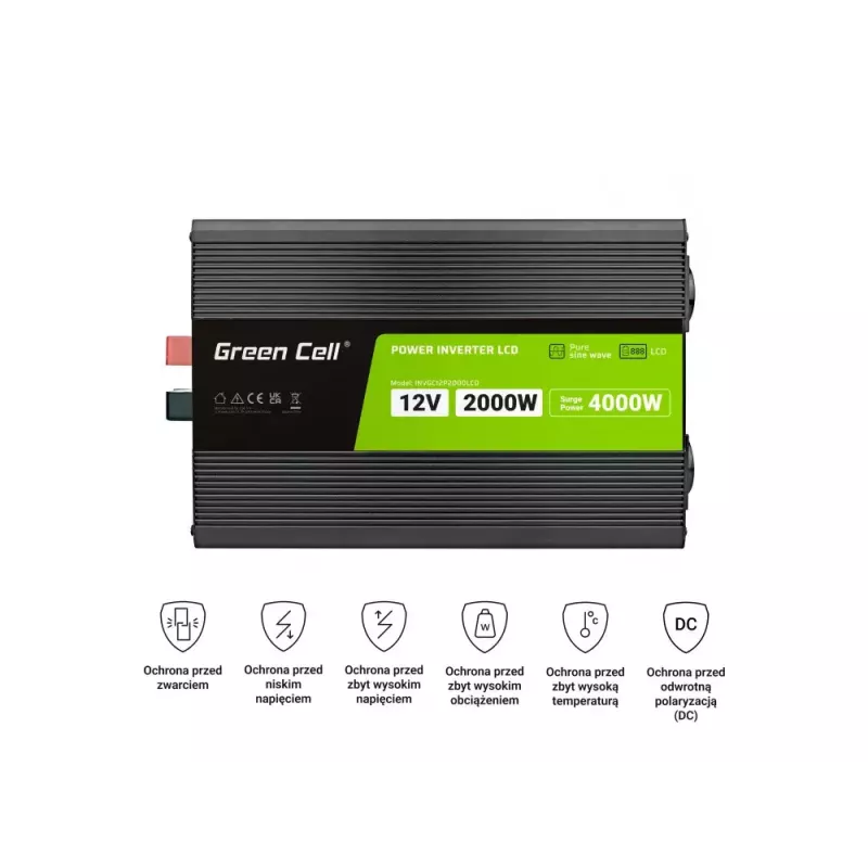 Automobilinis keitiklis Green Cell INVGC12P2000LCD 2000W 12V į 230V grynas sinusas, LCD, 1×USB, 2×kištukiniai lizdai