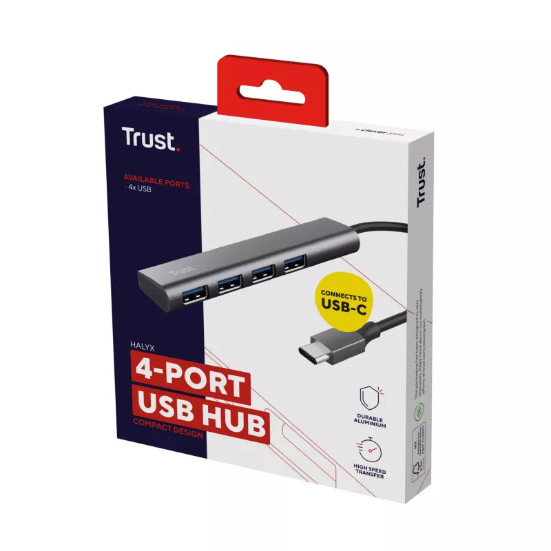 Trust Halyx USB 3.2 Gen 1 (3.1 Gen 1) Type-A 5 Gbps pilkas USB centras