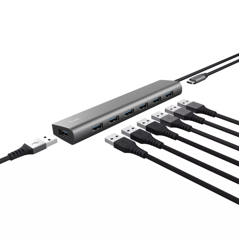 Trust Halyx 24967 USB šakotuvas 7 prievadų, USB 3.2 Gen 1, Type-A, 5000 Mbit/s, sidabrinės spalvos