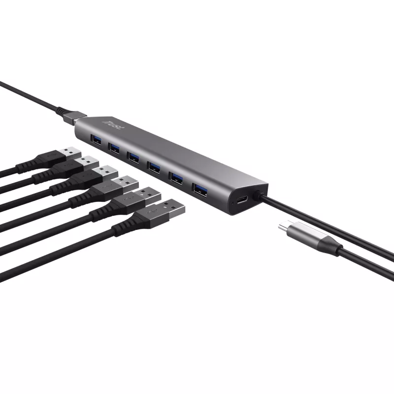 Trust Halyx 24967 USB šakotuvas 7 prievadų, USB 3.2 Gen 1, Type-A, 5000 Mbit/s, sidabrinės spalvos