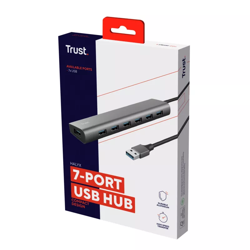 Trust Halyx 24967 USB šakotuvas 7 prievadų, USB 3.2 Gen 1, Type-A, 5000 Mbit/s, sidabrinės spalvos