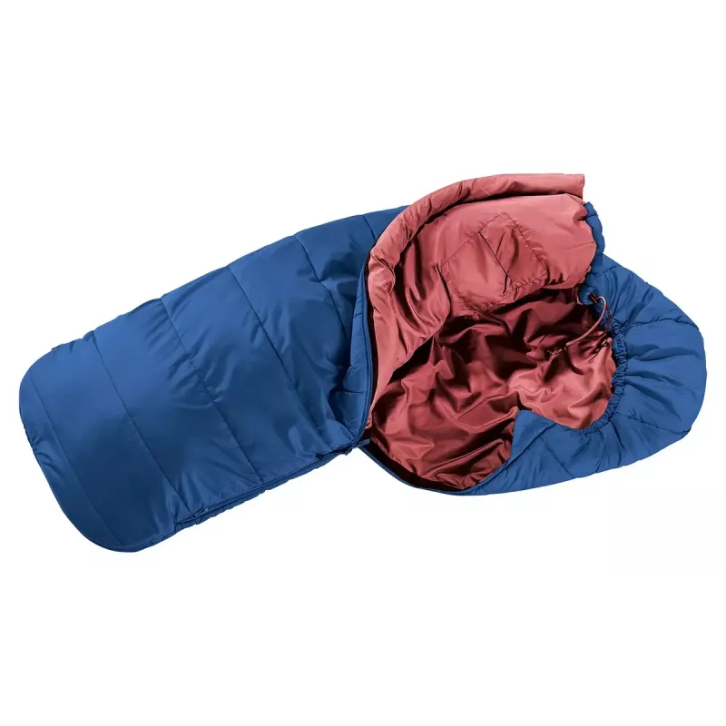 Vaikiškas miegmaišis DEUTER Starlight, mumijos formos, 130–170 cm, vasarinis, 910 g, su gobtuvu, naktinė mėlyna/raudonmedis