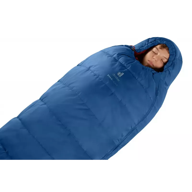 Vaikiškas miegmaišis DEUTER Starlight, mumijos formos, 130–170 cm, vasarinis, 910 g, su gobtuvu, naktinė mėlyna/raudonmedis