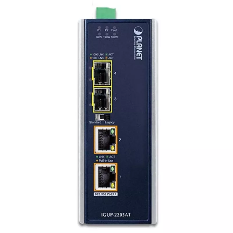 PLANET IGUP-2205AT Pramoninis Gigabitinio Etherneto keitiklis 2x100/1000X SFP į 2x10/100/1000T 802.3bt PoE++