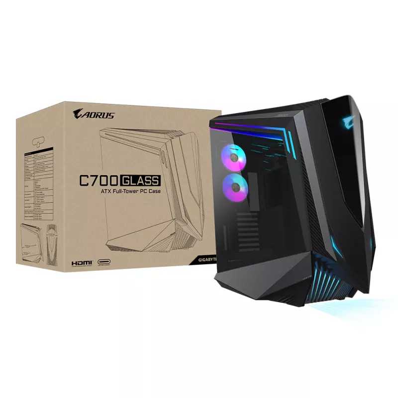 GIGABYTE AORUS C700 GLASS pilno bokšto kompiuterio korpusas - talpina iki E-ATX ir 420 mm radiatorių, 5 iš anksto sumontuoti 120 mm ventiliatoriai, USB 3.1 Type-C, RGB Fusion