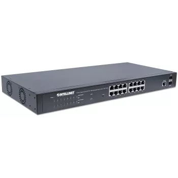 Intellinet 16 prievadų Gigabit Ethernet PoE+ žiniatinkliu valdomas jungiklis su 2 SFP prievadais, IEEE 802.3at/af, 374 W, 19 colių lentyninis