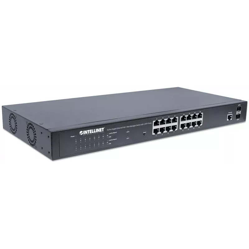 Intellinet 16 prievadų Gigabit Ethernet PoE+ žiniatinkliu valdomas jungiklis su 2 SFP prievadais, IEEE 802.3at/af, 374 W, 19 colių lentyninis