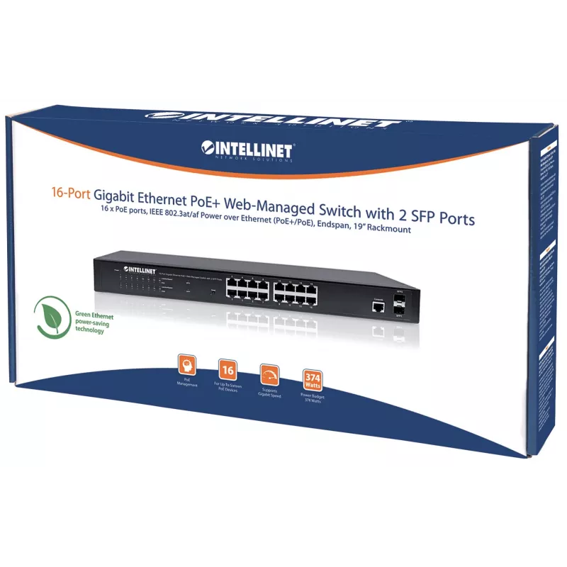 Intellinet 16 prievadų Gigabit Ethernet PoE+ žiniatinkliu valdomas jungiklis su 2 SFP prievadais, IEEE 802.3at/af, 374 W, 19 colių lentyninis