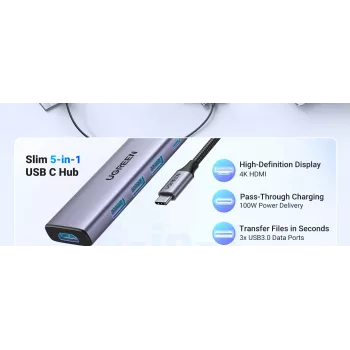 UGREEN USB-C stotelė 15596, 3× USB-A 3.2 Gen 1, 1× USB-C PD 100W, 1× HDMI 2.0, aliuminis