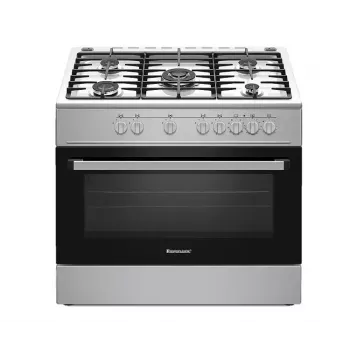 Laisvai pastatoma dujinė-elektrinė viryklė Ravanson KWGE-K90A Cheff, 90 cm, 5 degiklių kaitlentė (wok), elektrinė orkaitė 110 L, nerūdijantis plienas/sidabrinė