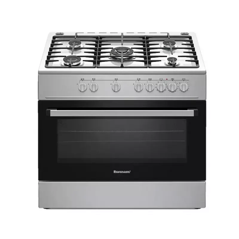 Laisvai pastatoma dujinė-elektrinė viryklė Ravanson KWGE-K90A Cheff, 90 cm, 5 degiklių kaitlentė (wok), elektrinė orkaitė 110 L, nerūdijantis plienas/sidabrinė