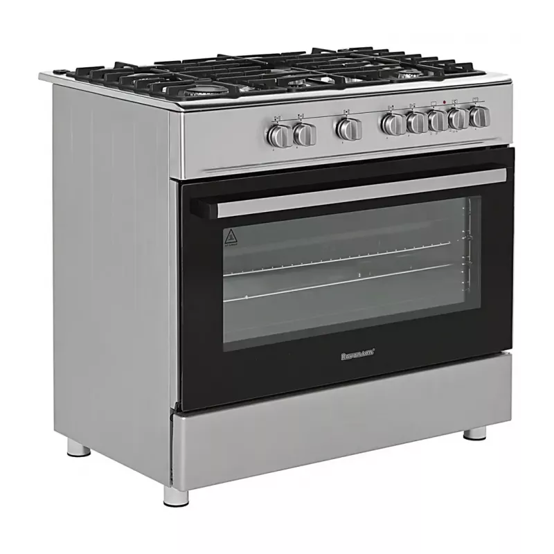 Laisvai pastatoma dujinė-elektrinė viryklė Ravanson KWGE-K90A Cheff, 90 cm, 5 degiklių kaitlentė (wok), elektrinė orkaitė 110 L, nerūdijantis plienas/sidabrinė