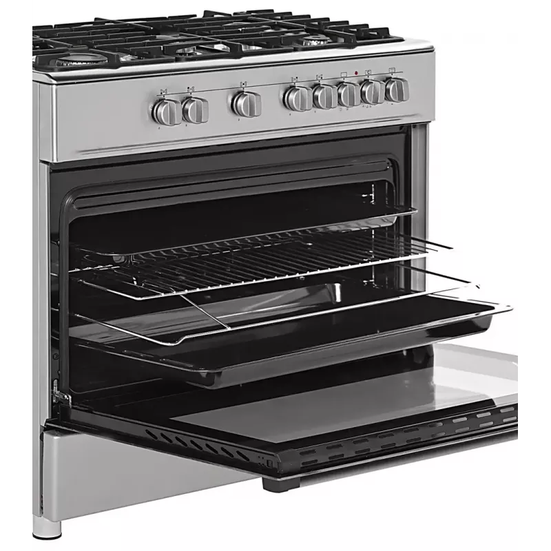 Laisvai pastatoma dujinė-elektrinė viryklė Ravanson KWGE-K90A Cheff, 90 cm, 5 degiklių kaitlentė (wok), elektrinė orkaitė 110 L, nerūdijantis plienas/sidabrinė