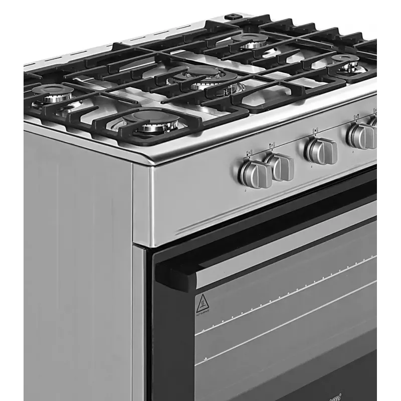 Laisvai pastatoma dujinė-elektrinė viryklė Ravanson KWGE-K90A Cheff, 90 cm, 5 degiklių kaitlentė (wok), elektrinė orkaitė 110 L, nerūdijantis plienas/sidabrinė