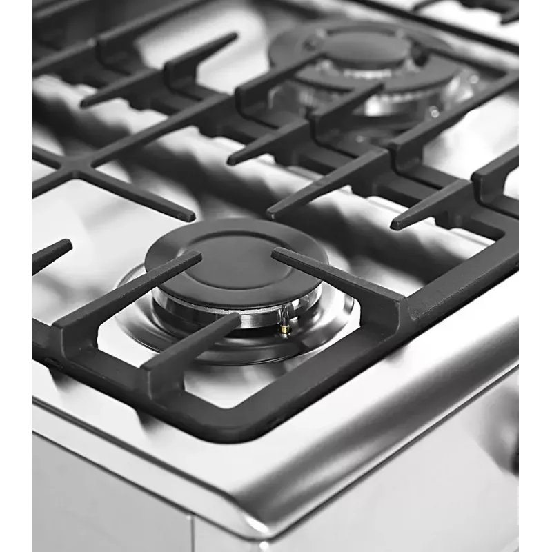 Laisvai pastatoma dujinė-elektrinė viryklė Ravanson KWGE-K90A Cheff, 90 cm, 5 degiklių kaitlentė (wok), elektrinė orkaitė 110 L, nerūdijantis plienas/sidabrinė