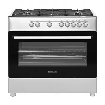 Laisvai pastatoma dujinė-elektrinė viryklė Ravanson KWGE-K90A Cheff, 90 cm, 5 degiklių kaitlentė (wok), elektrinė orkaitė 110 L, nerūdijantis plienas/sidabrinė
