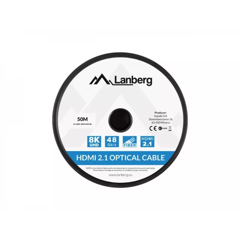 HDMI kabelis Lanberg CA-HDMI-30FB-0500-BK 50 m HDMI A tipo 2.1 48 Gbit/s juodas