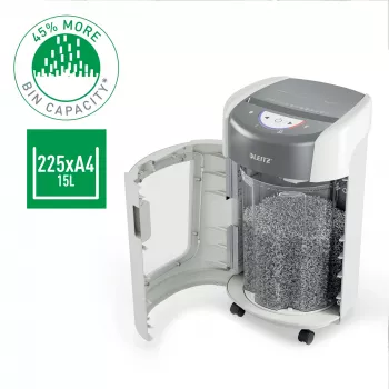 Smulkintuvas Leitz IQ OptiMax Home Office 225, mikro pjūvis, P5, 15 l, baltas