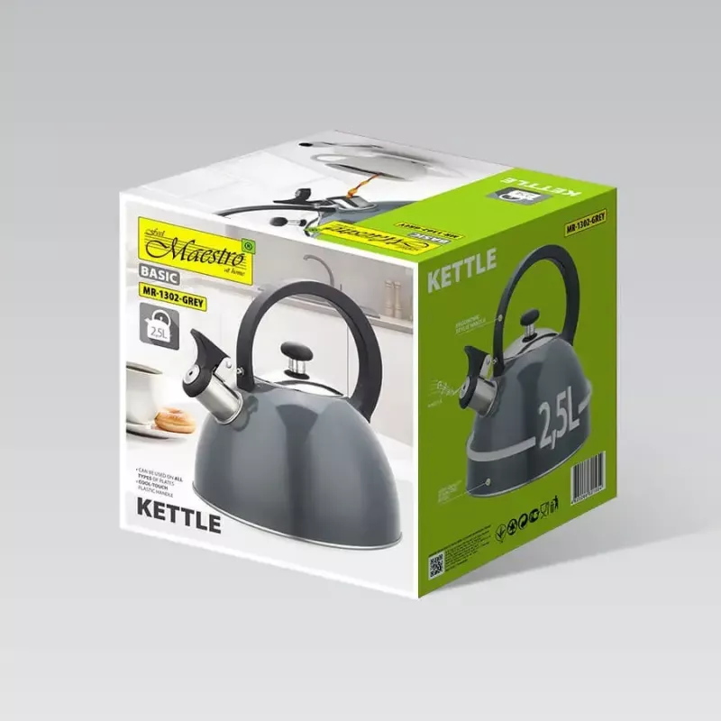 Virdulys Maestro MR-1302-GREY 2.5 L nerūdijantis plienas, pilkas korpusas, švilpukas, šalta rankena