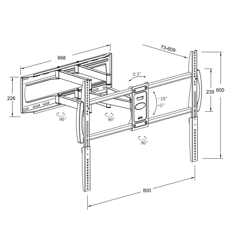 Sieninis TV laikiklis MONTIS DENALI MT162 37–105 colių ekranams, plieninis, 75 kg, VESA 200x100–800x600, pakreipimas/pasukimas/sukimas, 7,3–60,9 cm