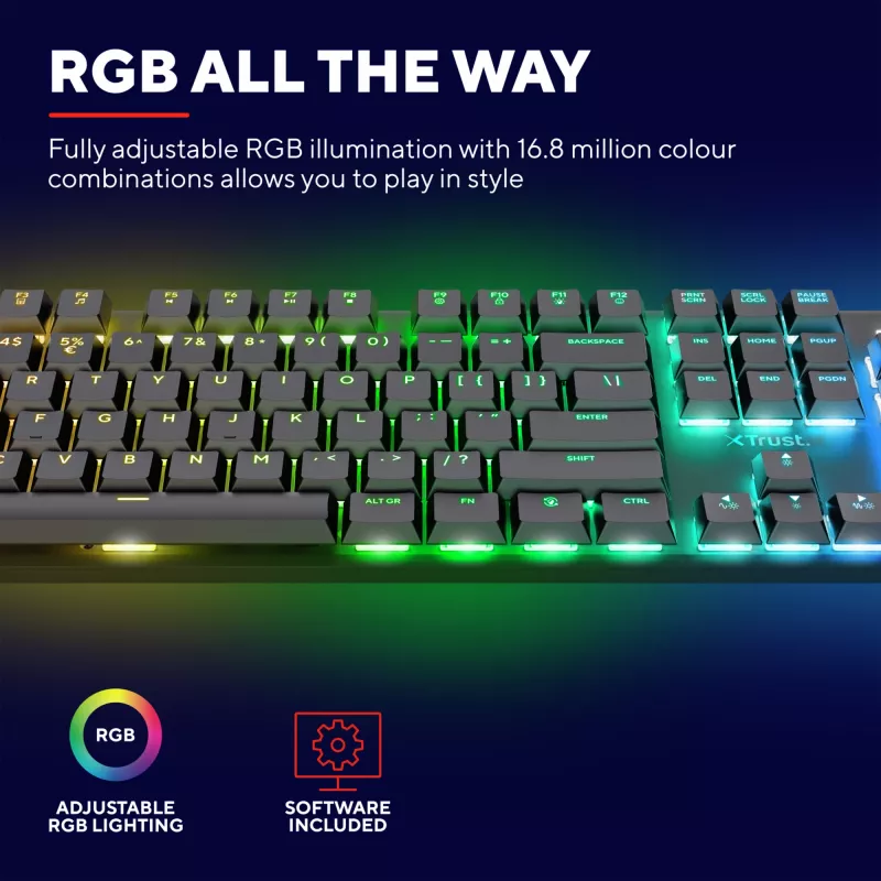 Trust GXT 868 Torix klaviatūra žaidimams USB + RF belaidė + Bluetooth QWERTY JAV anglų juoda