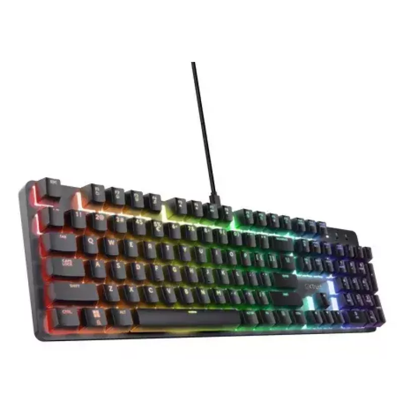 Mechaninė žaidimų klaviatūra TRUST GXT 871 Zora — pilno dydžio QWERTY US, RGB, N-key rollover, 104 klavišai, aliuminis, USB-A, 1,8 m